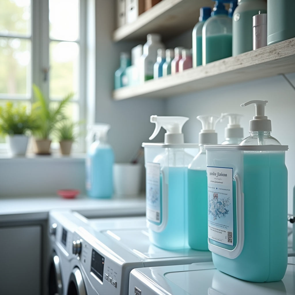 8K quality, sharp focus, hyper-realistic, commercial photography, laundry room with transparent Produtos de limpeza organizados em potes plásticos transparentes.