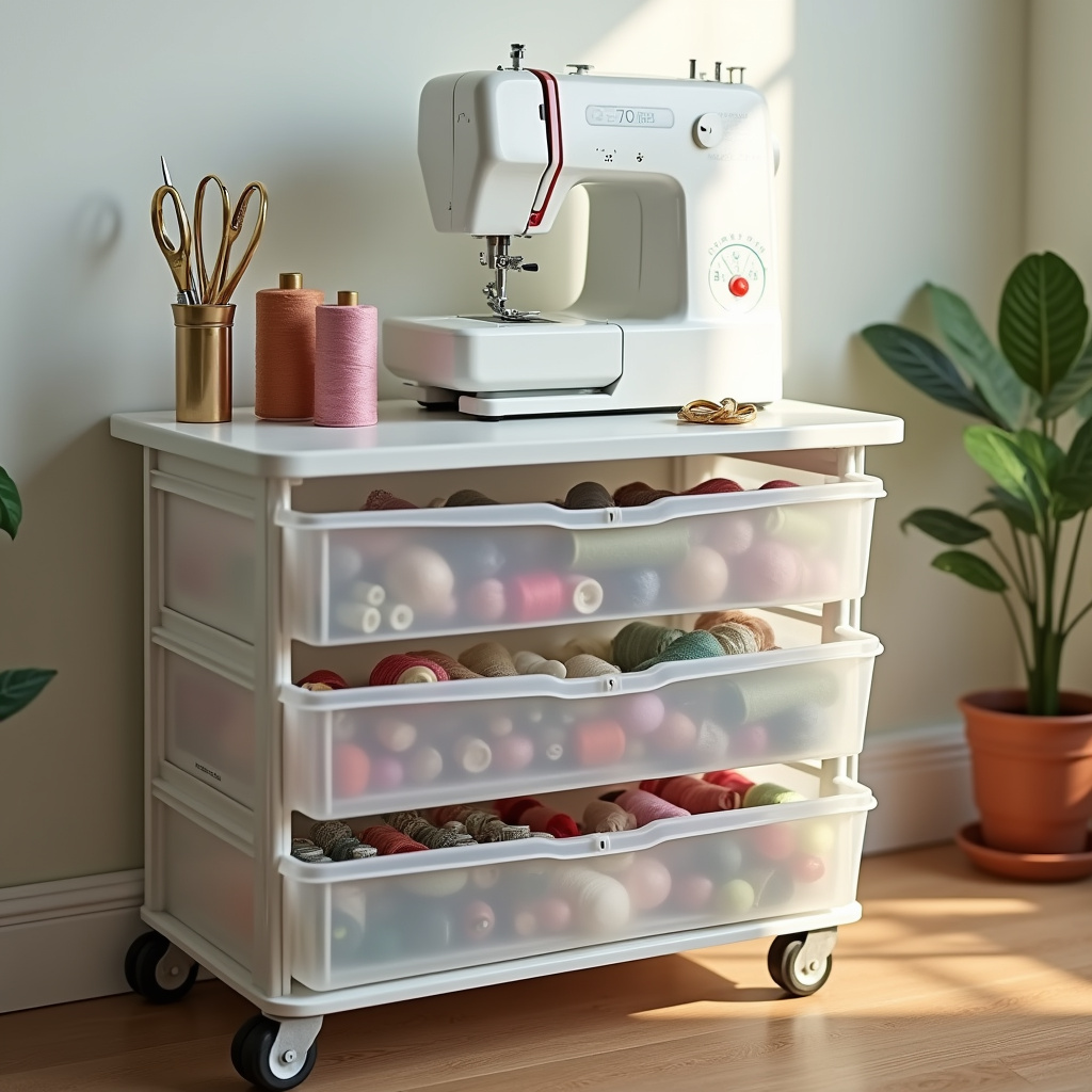 8K quality, sharp focus, hyper-realistic, commercial photography, sewing corner with plastic Cantinho de costura organizado com organizador plástico com rodinhas.