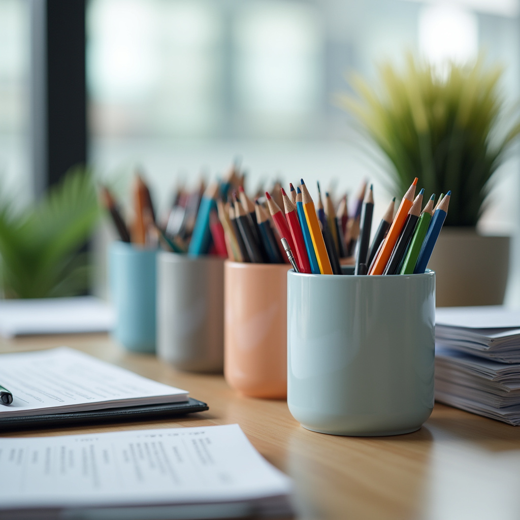8K quality, sharp focus, hyper-realistic, commercial photography, organized office desk with Escritório organizado com organizadores de mesa de plástico.