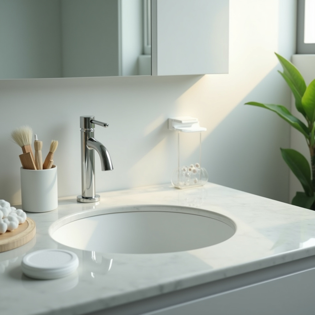 8K quality, sharp focus, hyper-realistic, commercial photography, bathroom with plastic containers Banheiro organizado com potes plásticos para algodão e cotonetes.