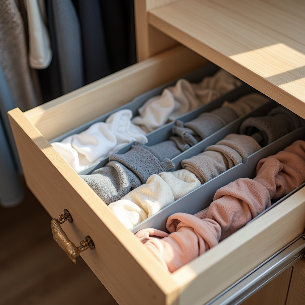 8K quality, sharp focus, hyper-realistic, lifestyle photography, closet drawer with plastic Gaveta de closet organizada com divisórias de plástico.