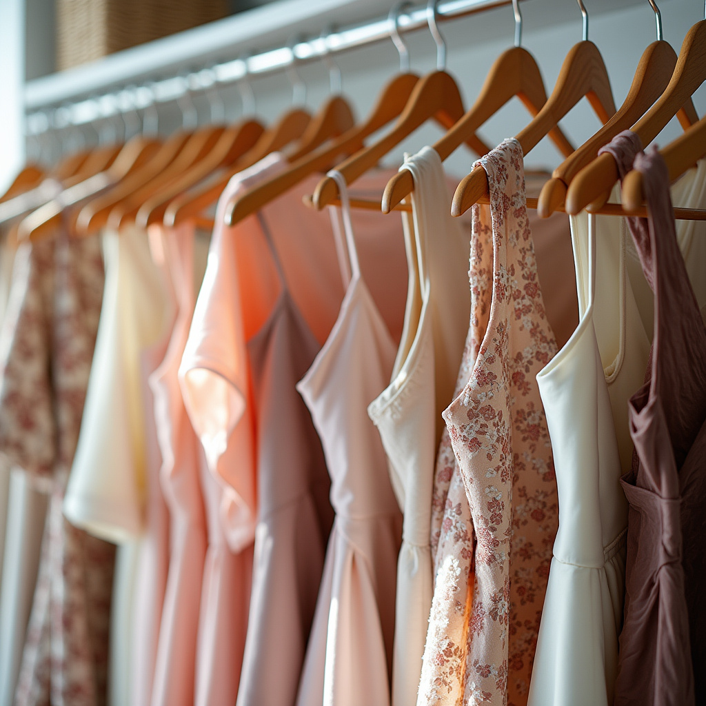 A bright, organized closet featuring dresses neatly hung on velvet hangers, showcasing a variety of Closet organizado com vestidos coloridos em cabides de veludo.