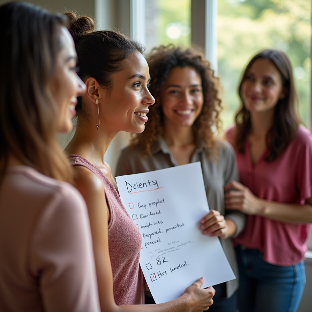 A diverse group of women prioritizing events on a list, some crossed out, others highlighted, Mulheres priorizando eventos de final de ano em lista.
