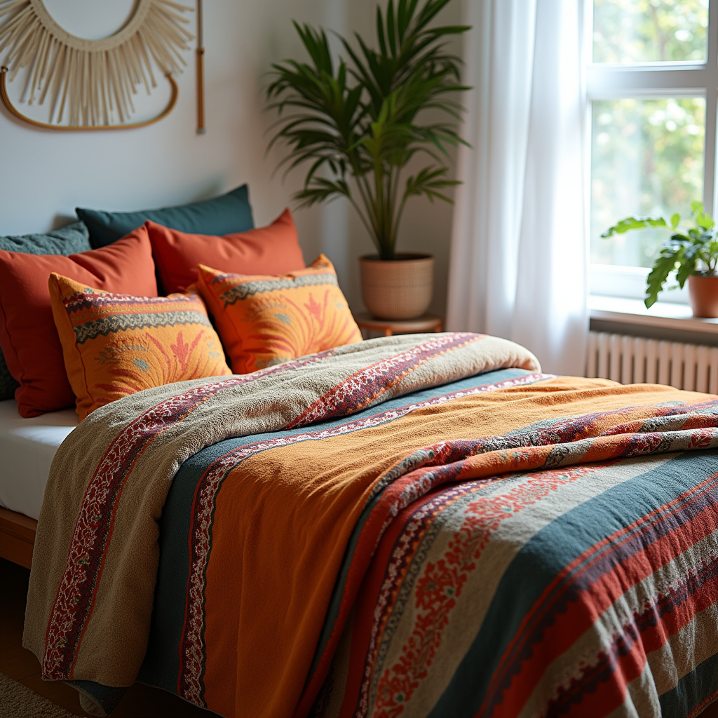 A neatly made bed with colorful Brazilian-style bedding, pillows, and a throw, natural light, 8K Cama arrumada com roupa de cama colorida.