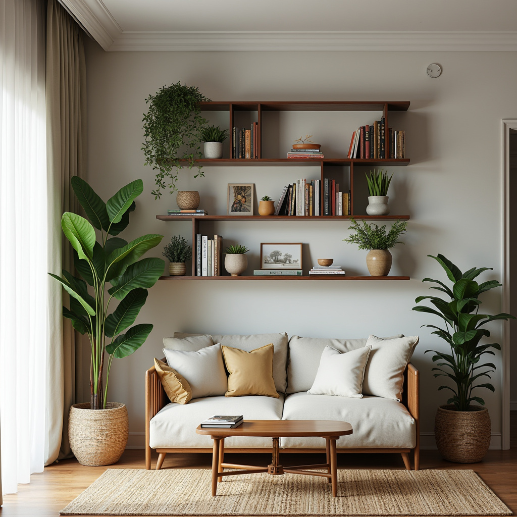 A small apartment living room with vertical shelves filled with books and plants. Natural light, 8K Sala pequena com prateleiras verticais otimizando o espaço.