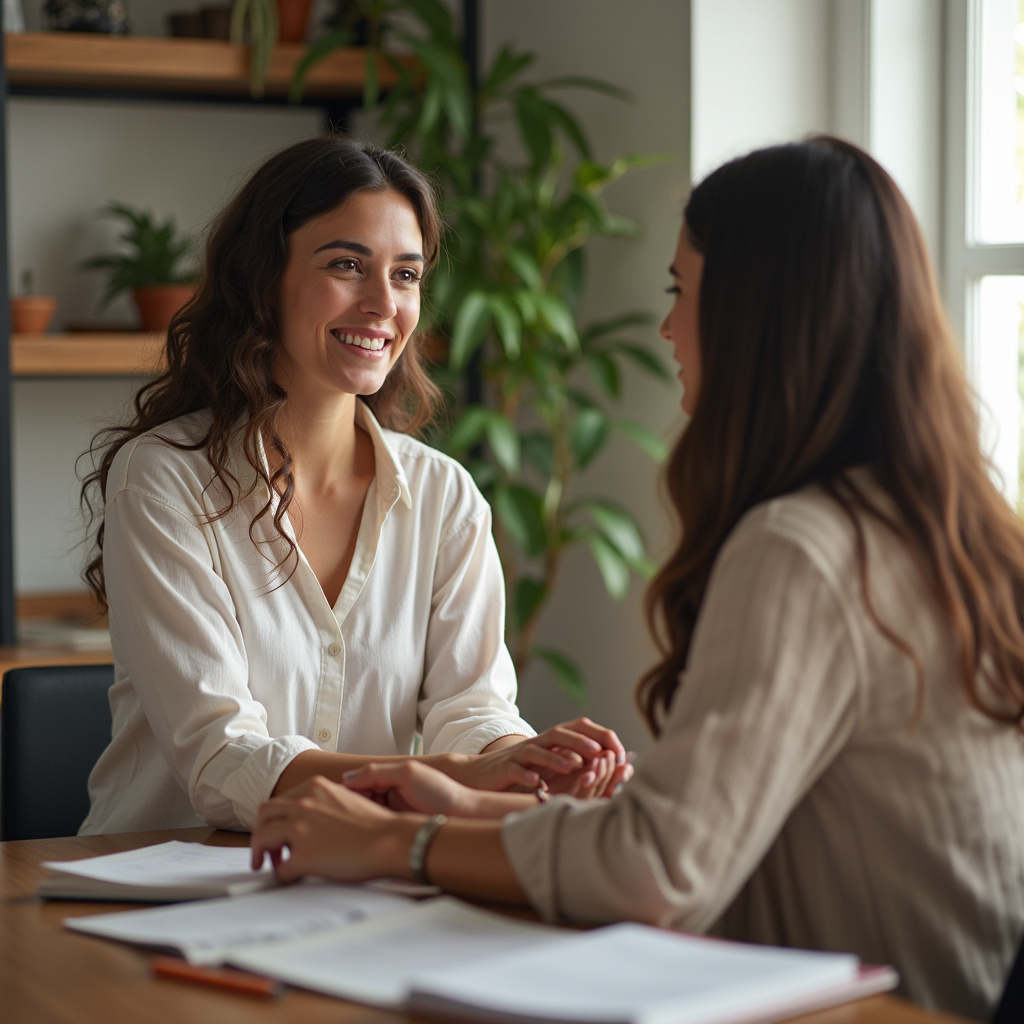 A woman consulting with a personal organizer in a home setting. Natural light, 8K quality, sharp Mulher consultando um personal organizer em casa.