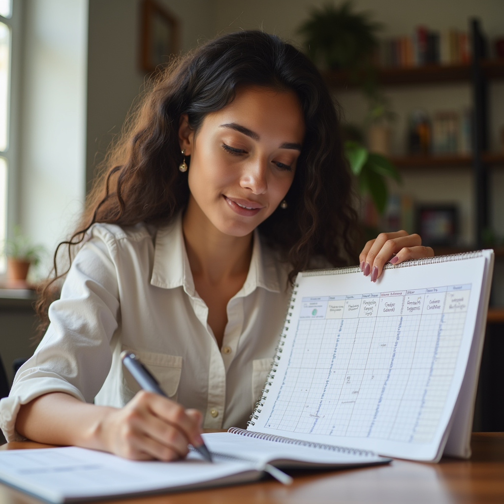 A woman creating a cleaning schedule on a planner. Natural lighting, 8K quality, sharp focus. Mulher criando um sistema de organização em um planner.