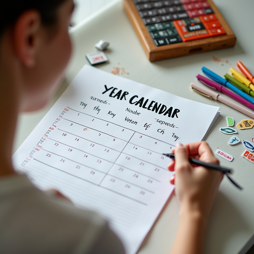A woman creating a personalized end-of-year calendar, surrounded by colorful pens and stickers, Mulher criando calendário de final de ano personalizado.