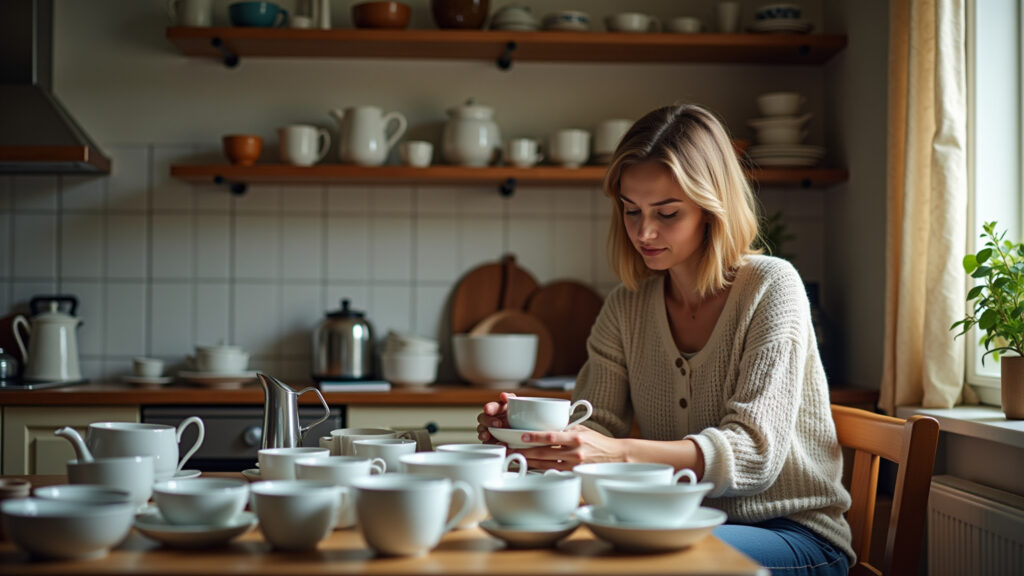 A woman evaluating her teacup collection in a cozy Brazilian kitchen, sorting by type and material, Mulher avaliando coleção de xícaras na cozinha.