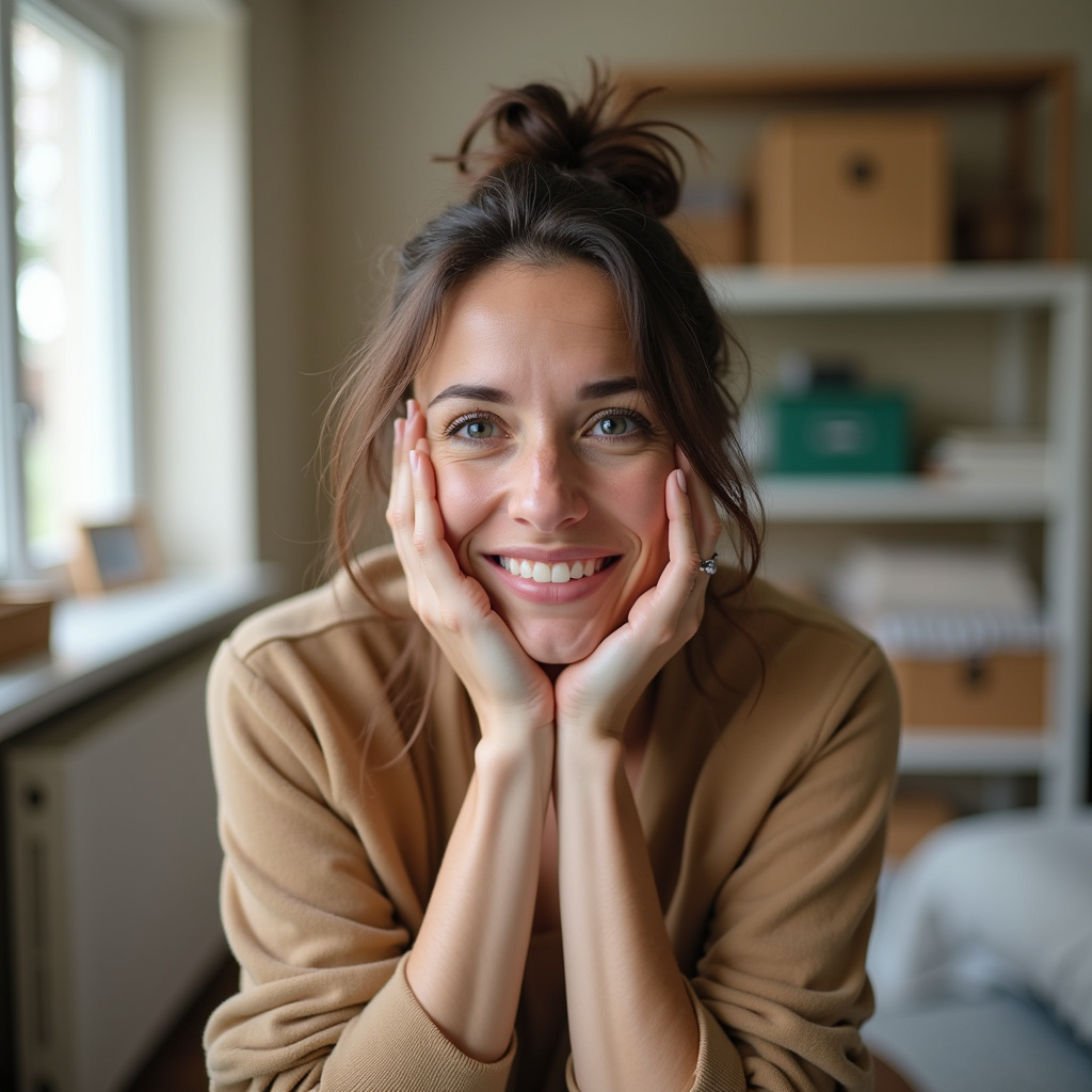 A woman looking overwhelmed while organizing a room, then smiling after completing a small section. Mulher se sentindo sobrecarregada organizando, depois satisfeita.