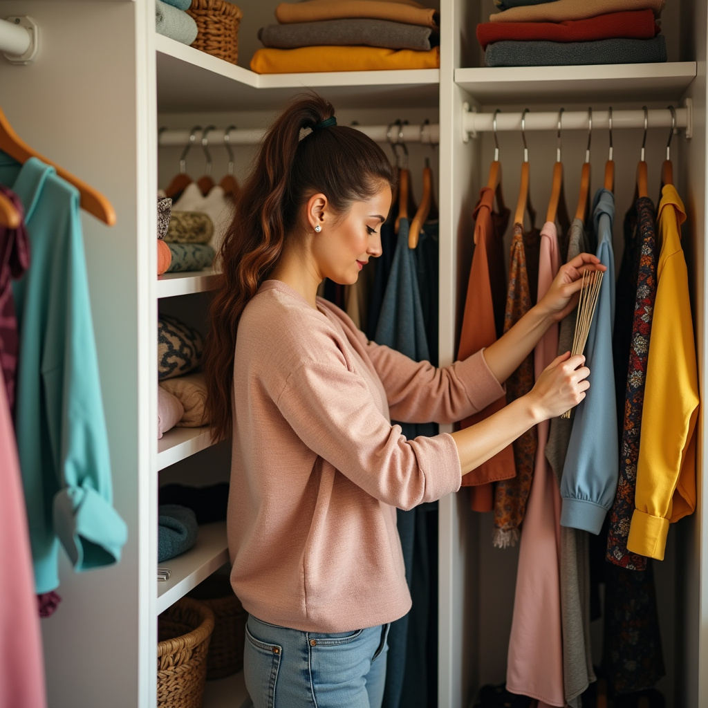 A woman organizing clothes in a bright, colorful closet with Brazilian design elements, natural Mulher organizando roupas coloridas em armário.
