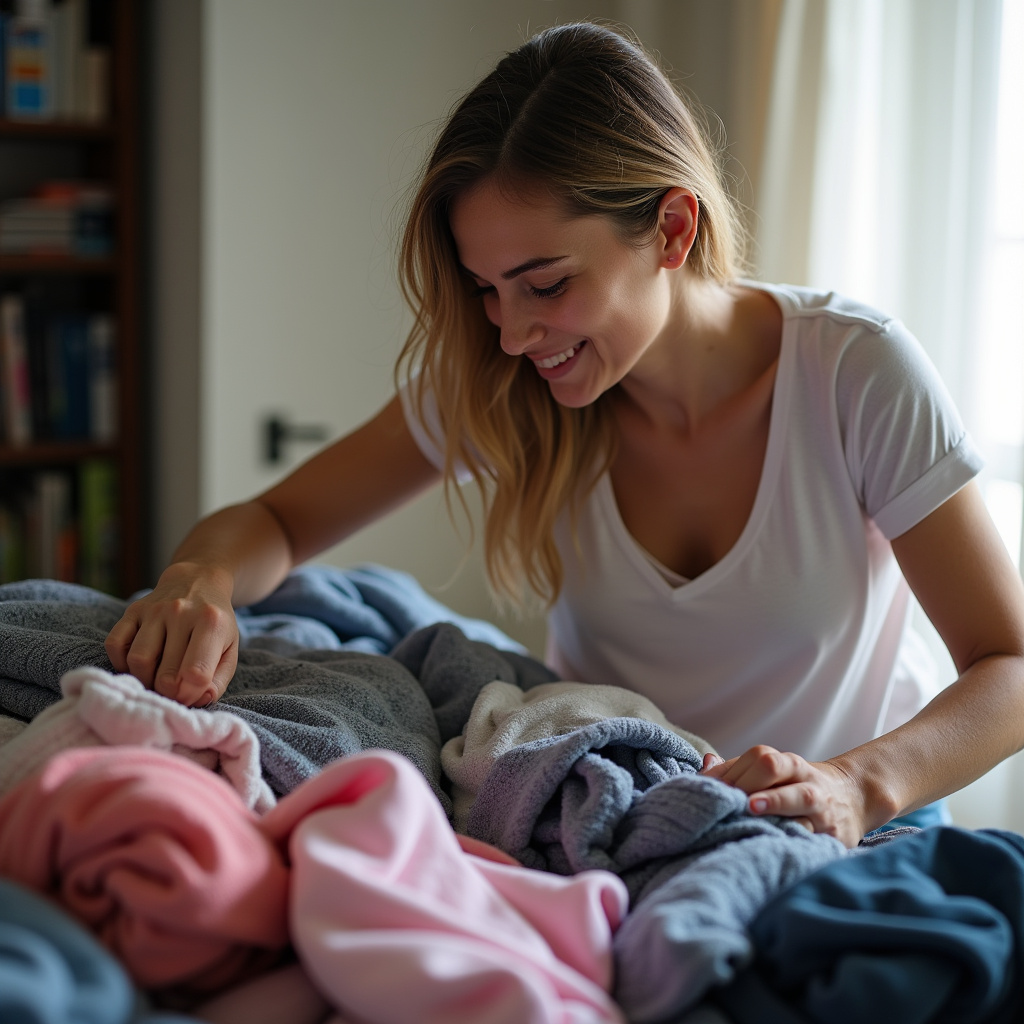 A woman sorting through a pile of clothes, donating some items. Bright, natural lighting, 8K Mulher separando roupas para doação, desapego.