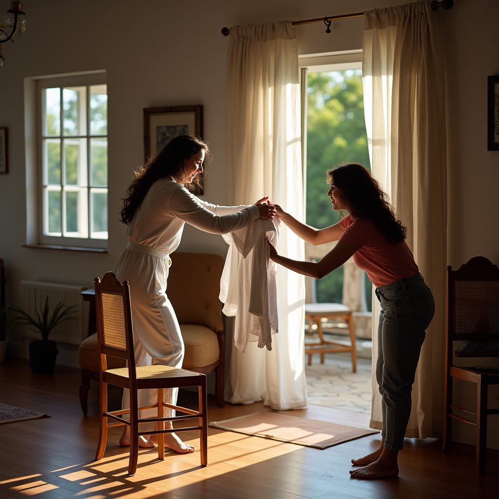 A woman tossing clothes onto a chair vs. a woman hanging clothes immediately after wearing. Natural Roupa jogada na cadeira vs. roupa guardada imediatamente.