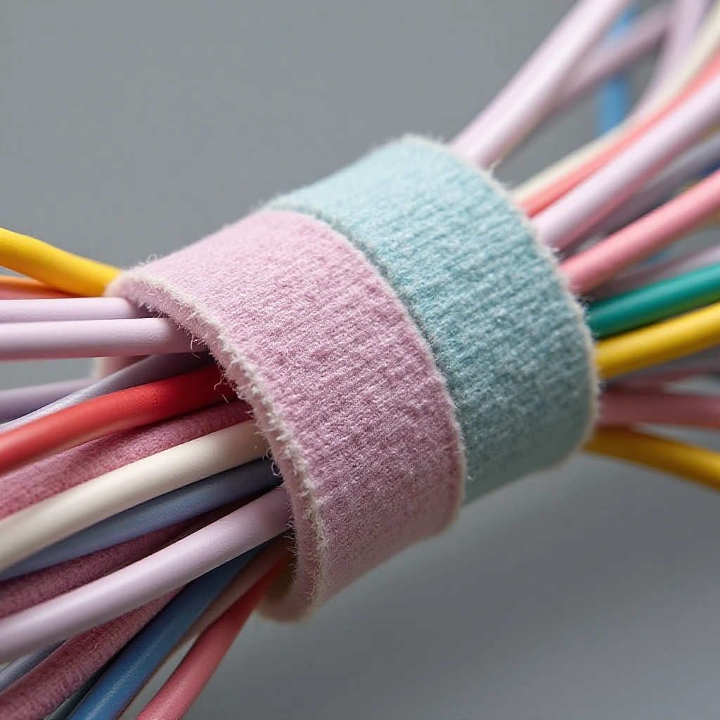 Abraçadeiras de velcro mantendo os cabos organizados.