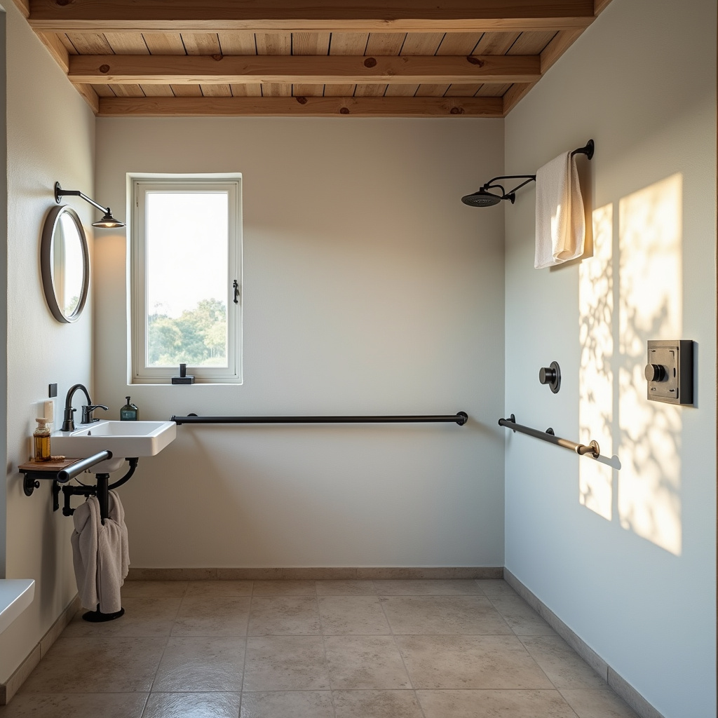 Accessible bathroom, support bars, non-slip floor, natural light, Farm Rio style, lifestyle Banheiro acessível com barras de apoio e piso antiderrapante.
