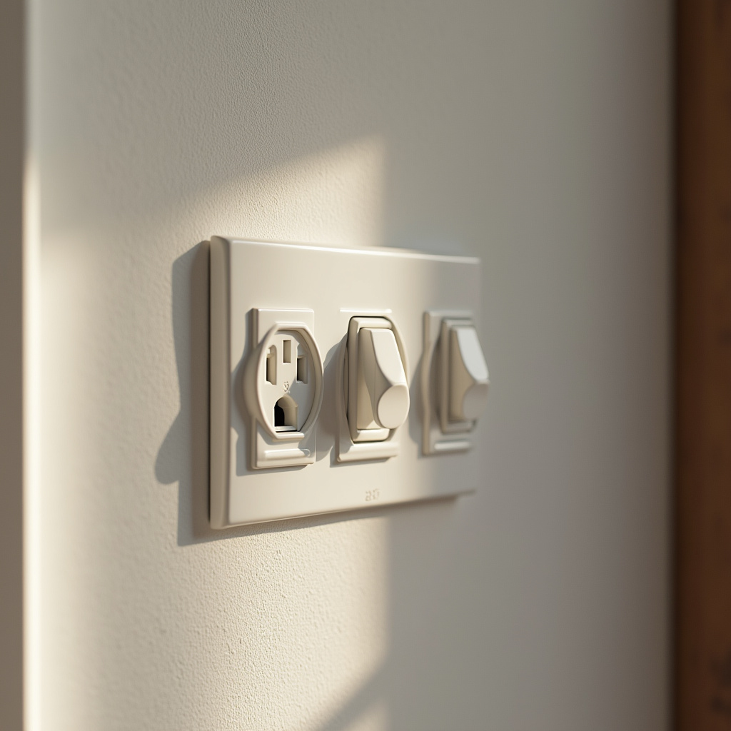 Accessible light switches and outlets, mid-height, modern Brazilian home, natural light, lifestyle Interruptores e tomadas acessíveis em altura adequada.