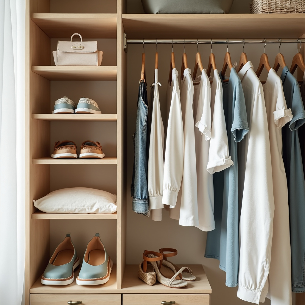 Accessories for closet organization: hangers, shoe organizers. Summer clothes. Natural light, 8K Acessórios para organização do guarda-roupa.
