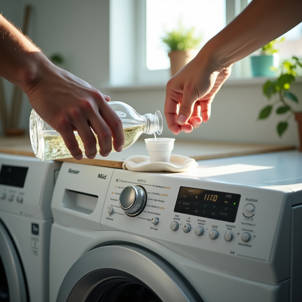 Adding vinegar to washing machine, laundry room, natural light, professional photography, 8K Vinagre como amaciante natural.