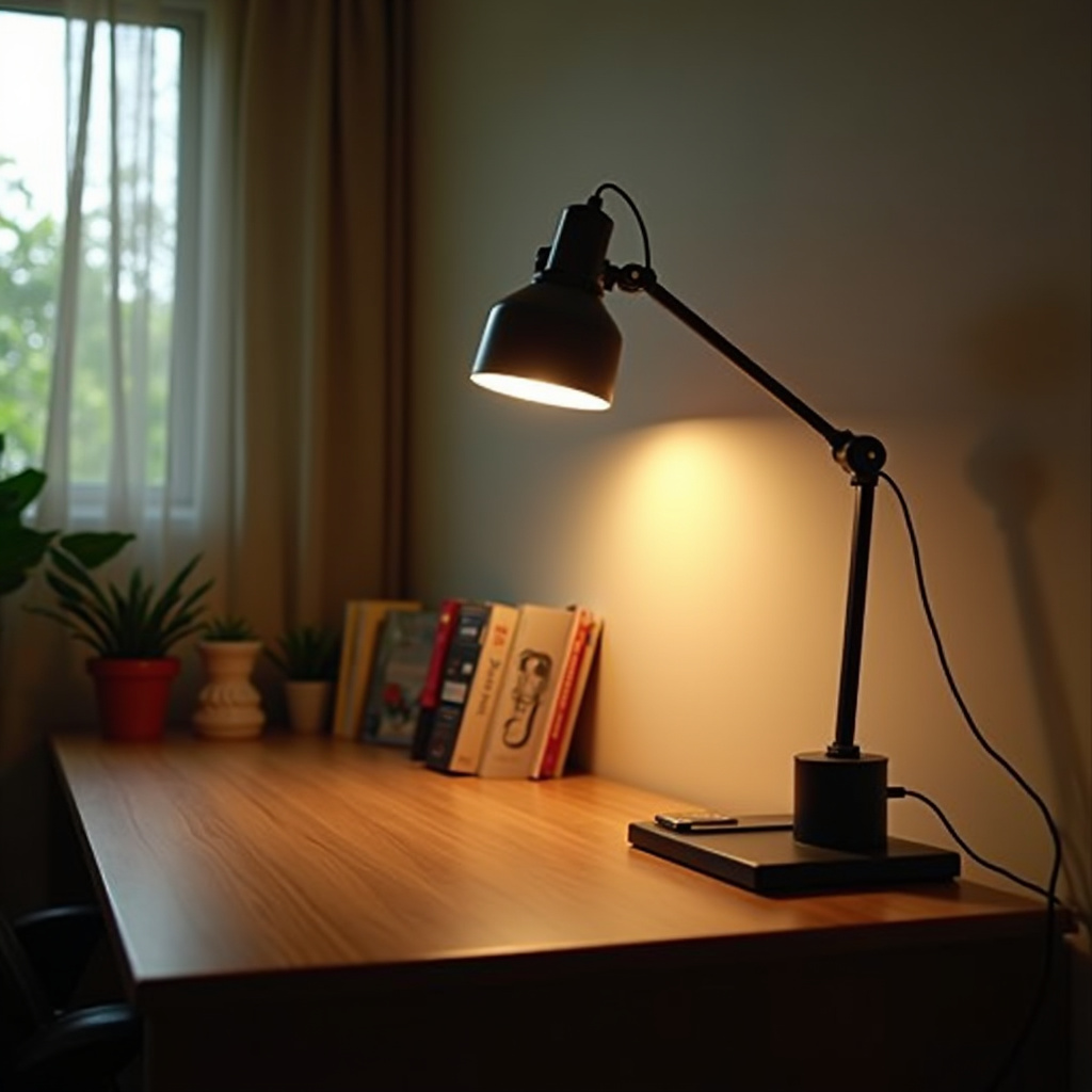 Adequate lighting for small home office, desk lamp, natural light, cozy atmosphere, Brazilian Iluminação adequada com luminária e luz natural em home office.