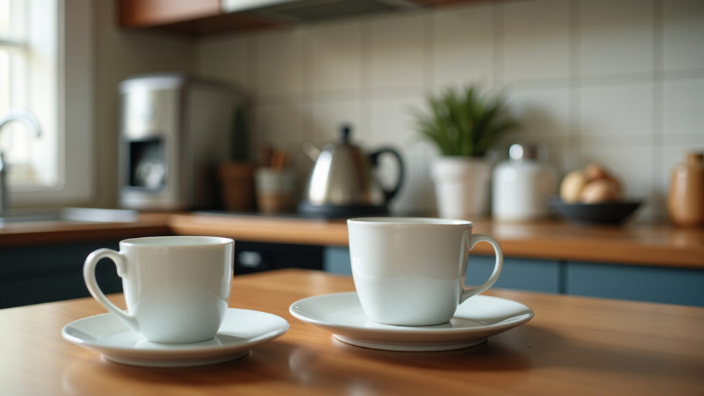 Adopting the "one in, one out" rule for teacups and saucers in a Brazilian kitchen, maintaining Regra 'um entra, um sai' para organização.
