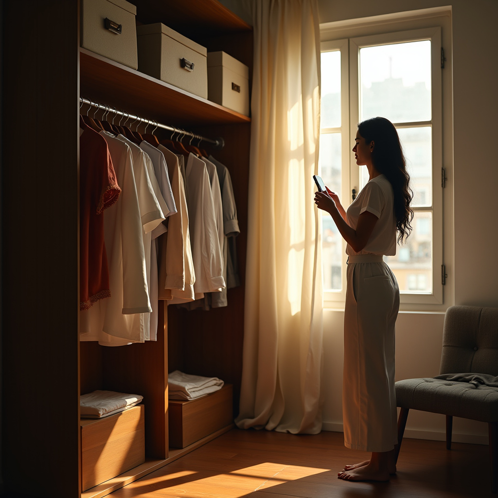 Airing a wardrobe, sunlight streaming through window, woman checking clothes. Natural lighting, Ventilando guarda-roupa para evitar mofo no inverno.