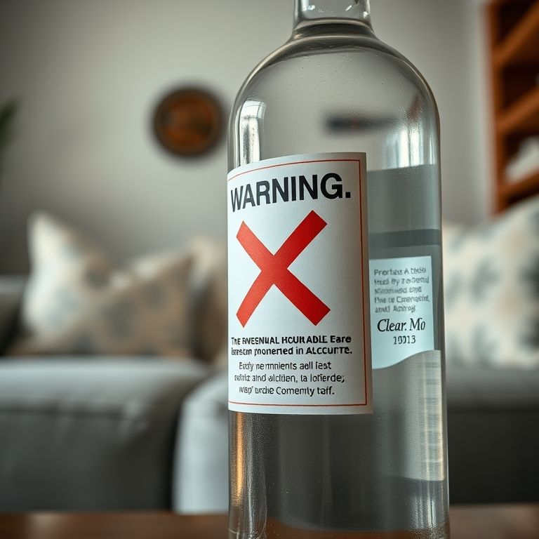 Álcool com sinal de proibido perto de sofá.