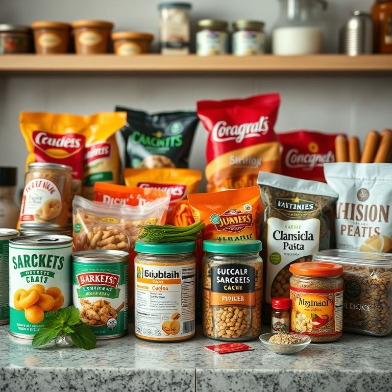 Alimentos agrupados por categoria em uma bancada.