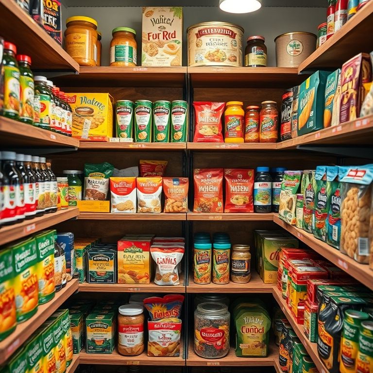 Alimentos agrupados por categoria na despensa.