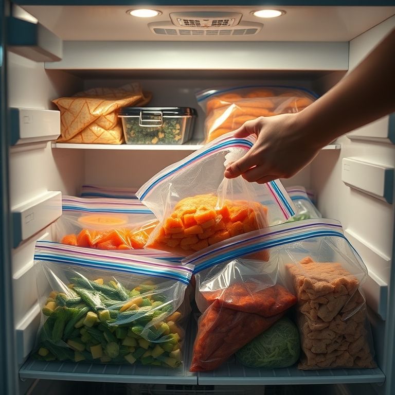 Alimentos sendo embalados para congelamento.