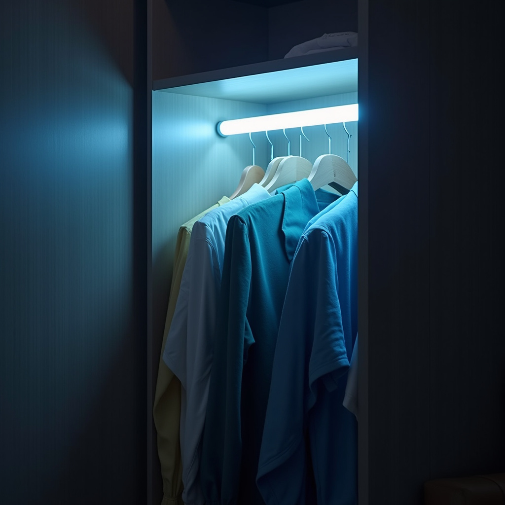 Anti-mold UV lamp inside wardrobe, illuminating clothes. Modern design, 8K, hyper-realistic, Lâmpada anti-mofo ultravioleta dentro do guarda-roupa.