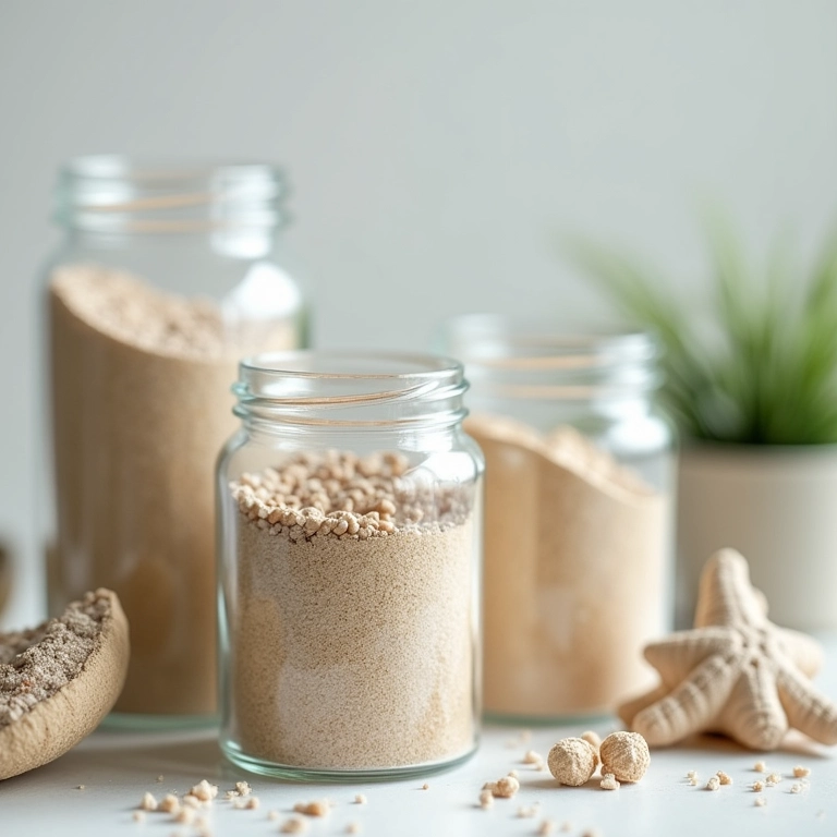 Areia decorativa em potes de vidro, decoração com tema praiano.