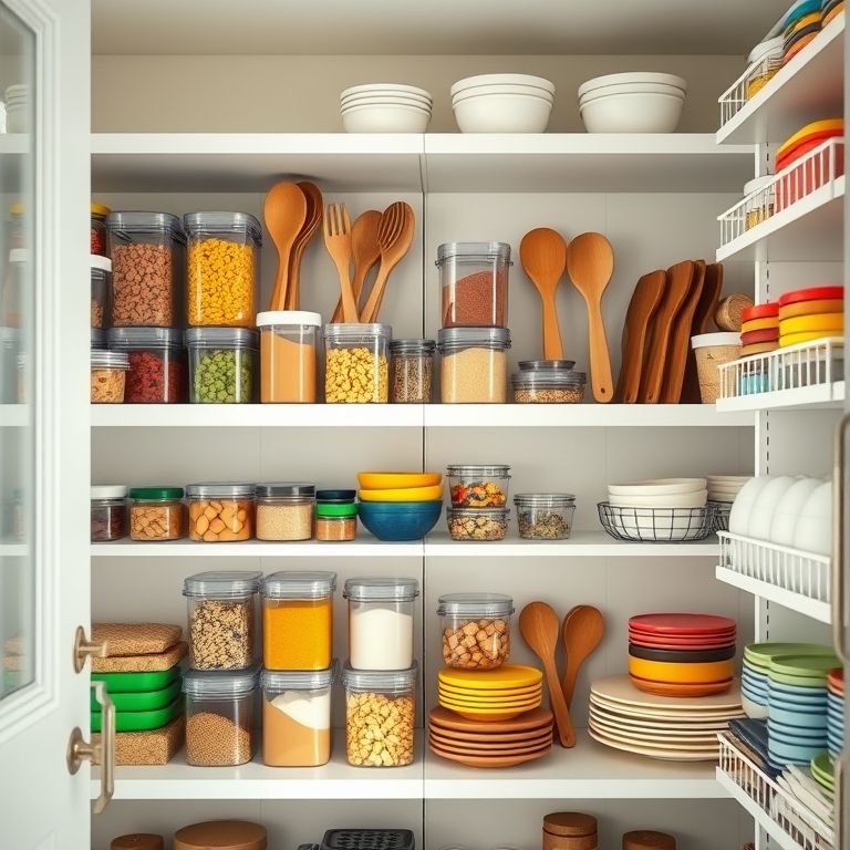 Armário de cozinha organizado com utensílios e potes coloridos.