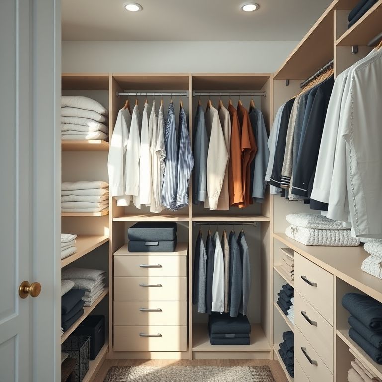 Armário organizado com roupas dobradas e prateleiras.