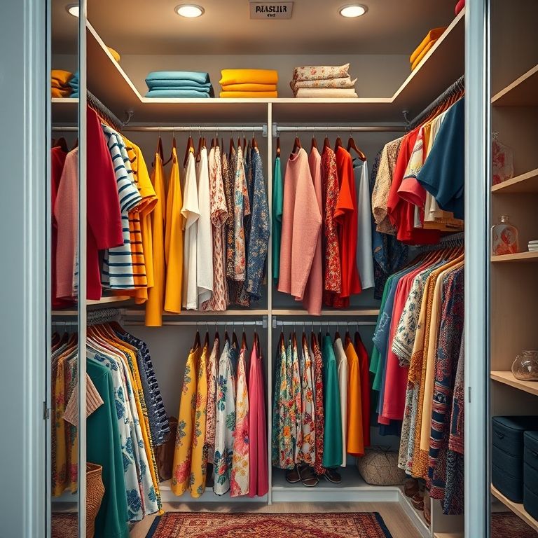 Armário organizado por cores, com roupas vibrantes e design brasileiro.
