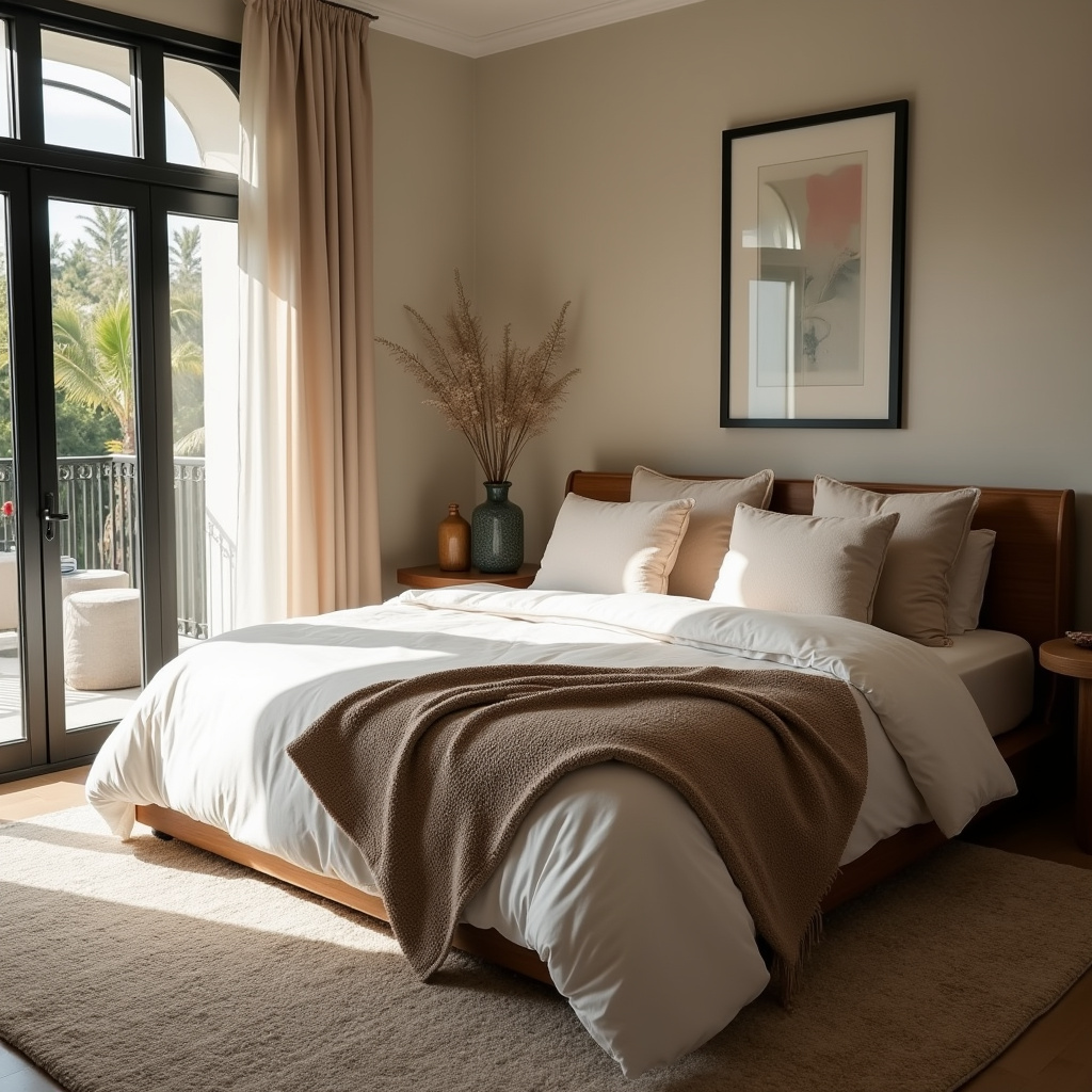 Arranged bed with pillows and blanket, cozy bedroom. Natural light, 8k quality, professional Cama arrumada em quarto aconchegante.