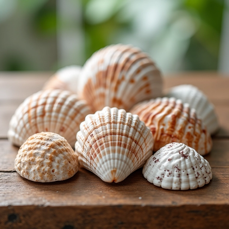 Arranjo de conchas em uma mesa de madeira rústica, decoração costeira.