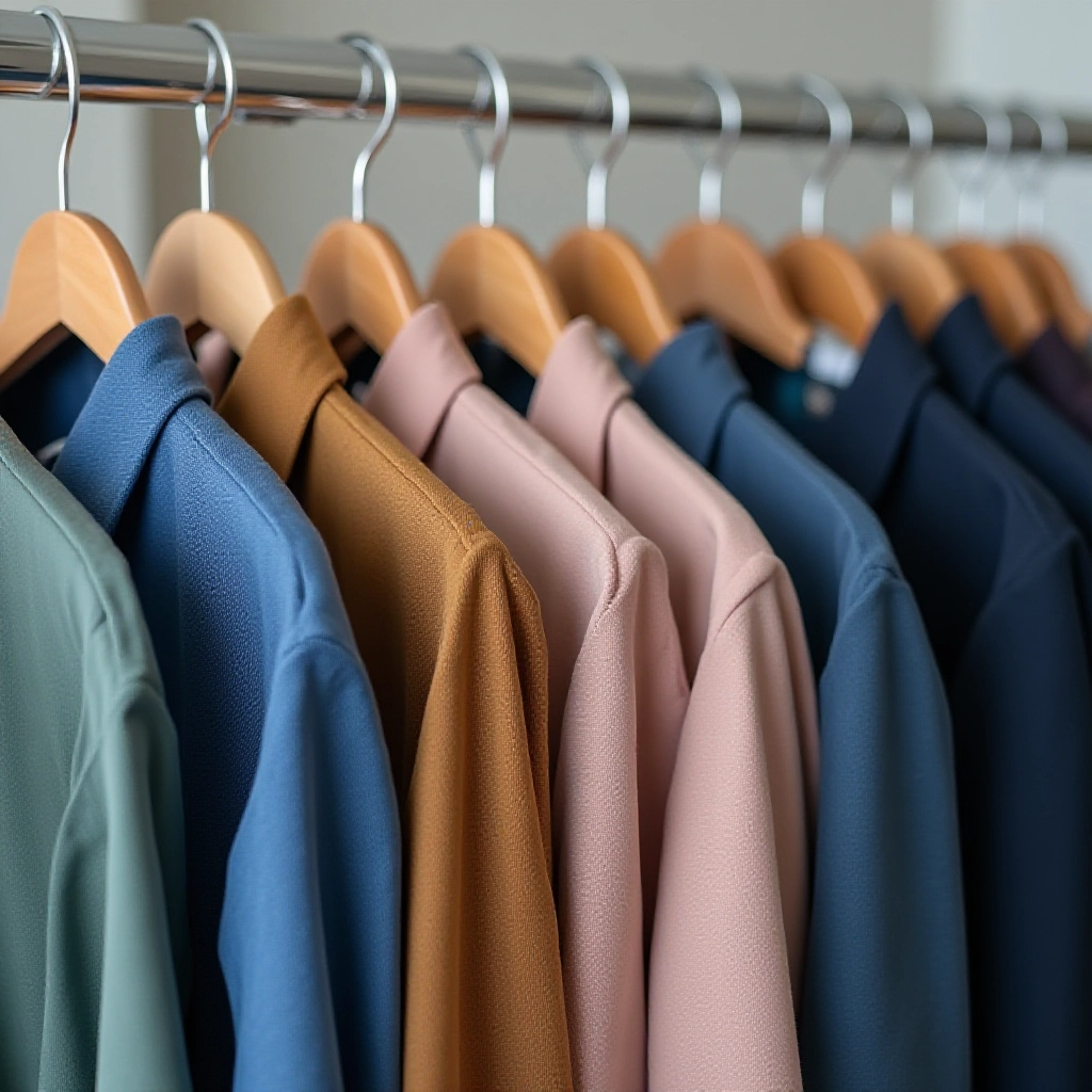 Roupas bem cuidadas e penduradas corretamente em cabides adequados, simbolizando o aumento da durabilidade.
