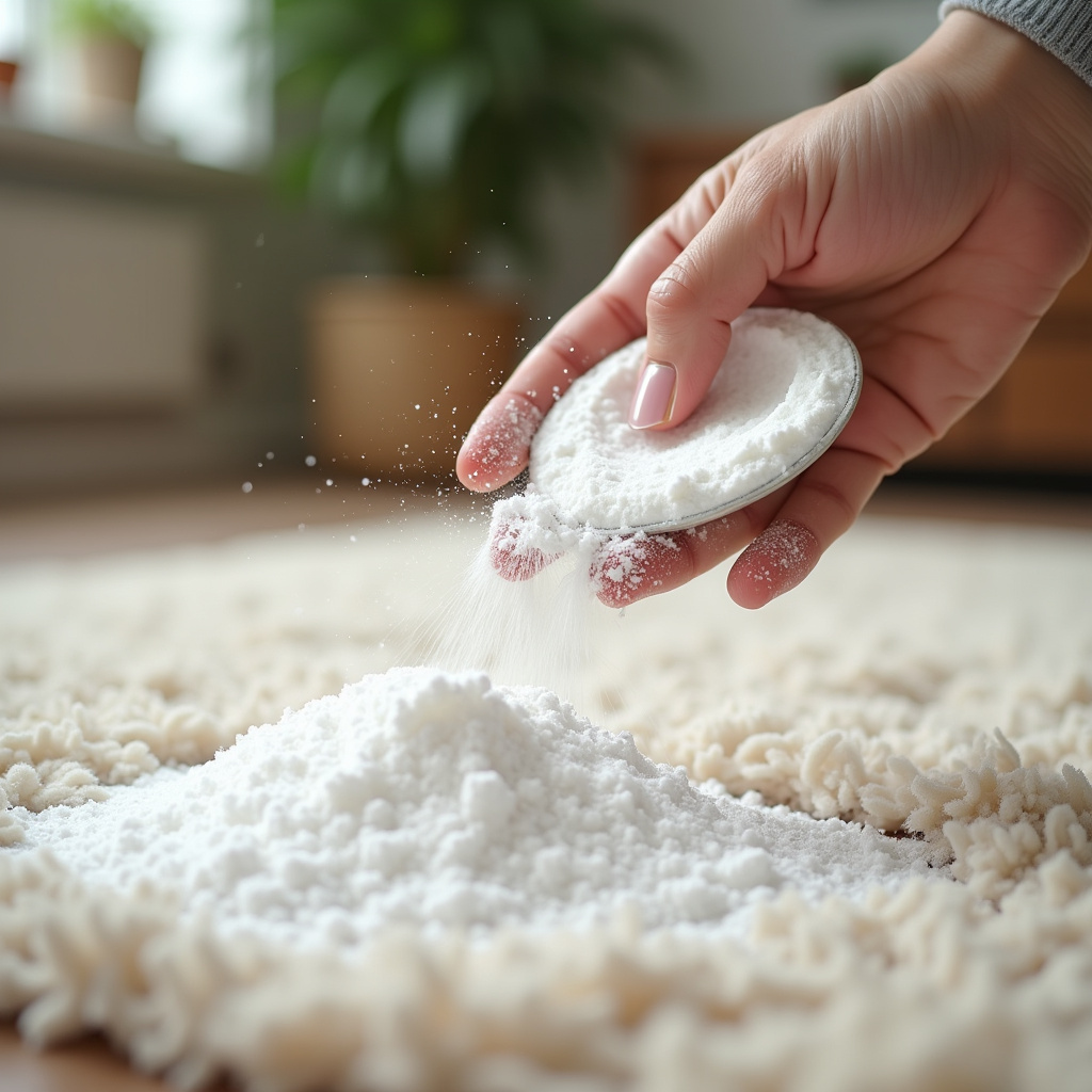 Baking soda being sprinkled on a rug to remove odors, close-up, natural light, fresh scent, 8K, 1:1 Bicarbonato de sódio sendo espalhado em tapete para remover odores.