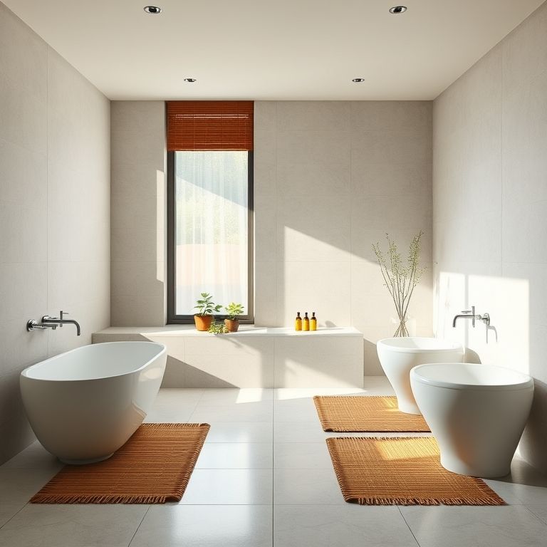 Banheiro com design sustentável e tapetes de bambu, unindo estilo, consciência ambiental e elegância.