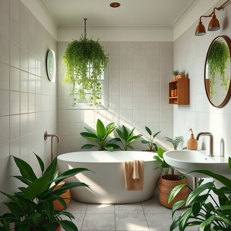 Banheiro decorado com plantas e objetos decorativos.