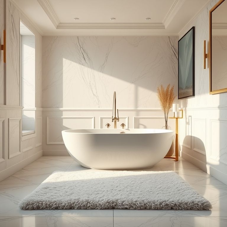 Banheiro elegante com tapete de chenille, realçando o toque aveludado e a sensação de luxo e conforto.