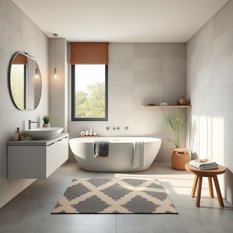 Banheiro moderno com tapete estiloso harmonizando com a decoração, criando um ambiente agradável e convidativo.