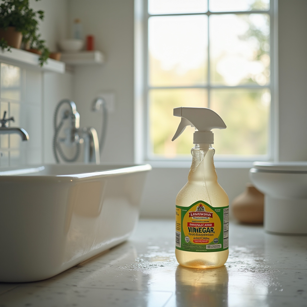 Bathroom cleaning with vinegar spray, mold removal, natural light, professional photography, 8K Eliminando mofo do banheiro com vinagre.