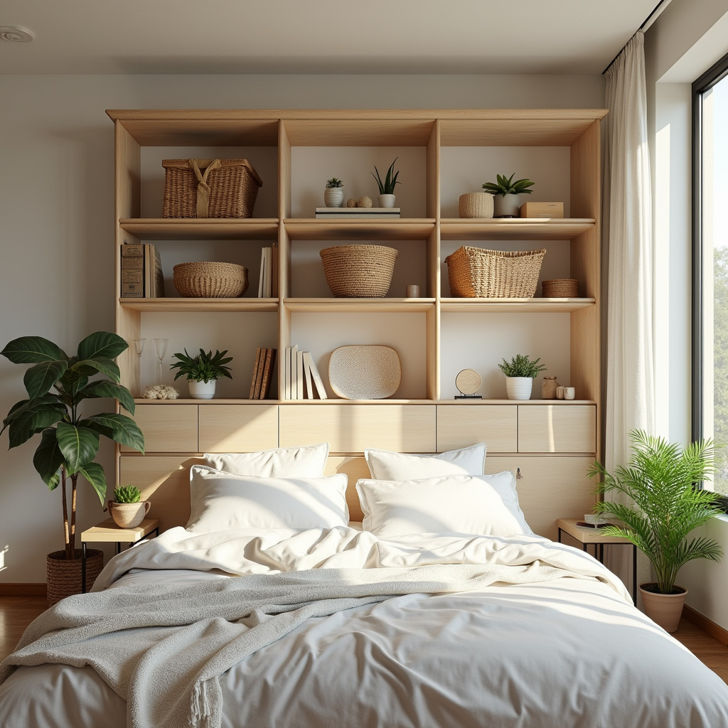 Bedroom with decorative boxes and baskets on shelves, organizing small objects. Natural light, 8k Caixas e cestas organizadoras em prateleiras.