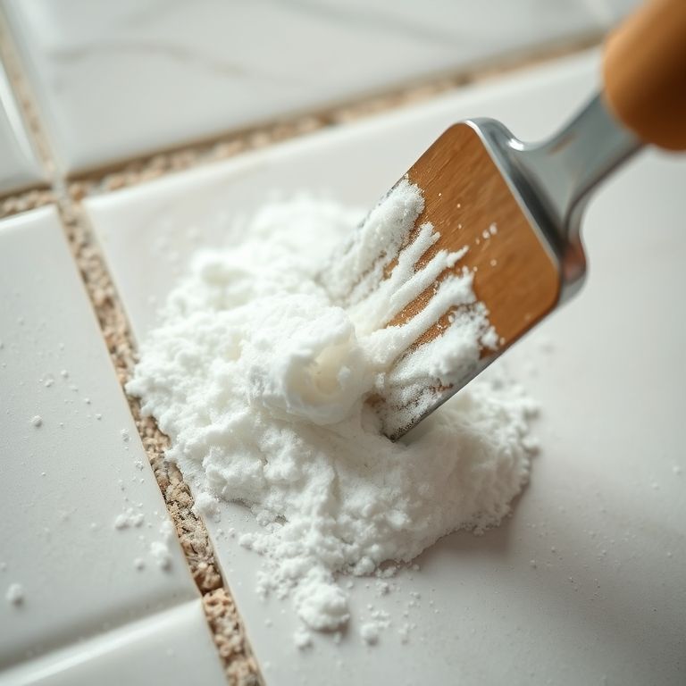 Bicarbonato de sódio e óleo essencial de melaleuca sendo aplicados no rejunte.