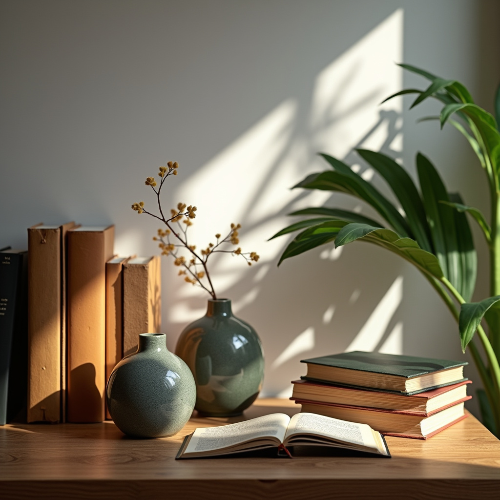 Books mixed with decorative objects, personal touch, Brazilian interior design, natural light, Livros e objetos decorativos juntos na estante.