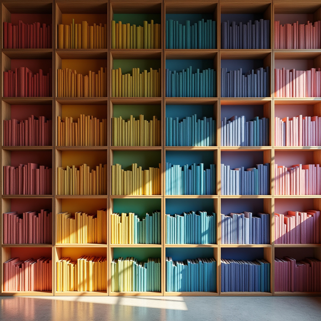 Books organized by color, creating a rainbow effect on shelves, Brazilian interior design, natural Estante com livros organizados em arco-íris de cores.