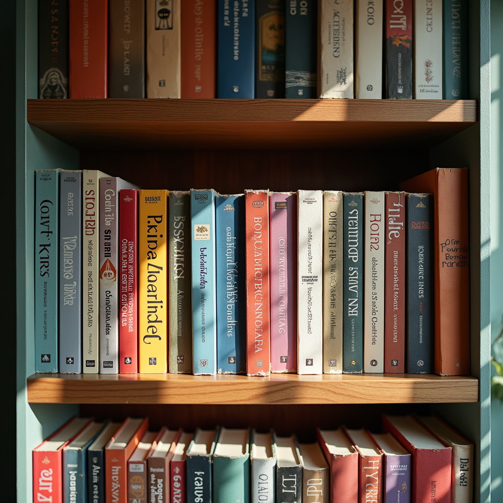 Books organized by genre on a vibrant bookshelf, cozy Brazilian home, natural light, professional Estante colorida com livros organizados por gênero.