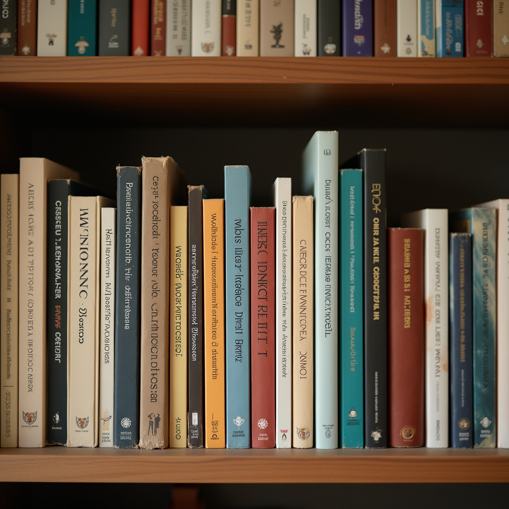 Books organized by size on a shelf, maximizing space, Brazilian decor, natural light, professional Livros organizados por tamanho em prateleira.
