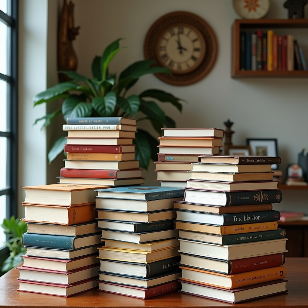 Books stacked in piles, casual display, Brazilian home decor, natural lighting, 8K quality, sharp Pilhas de livros em decoração casual.